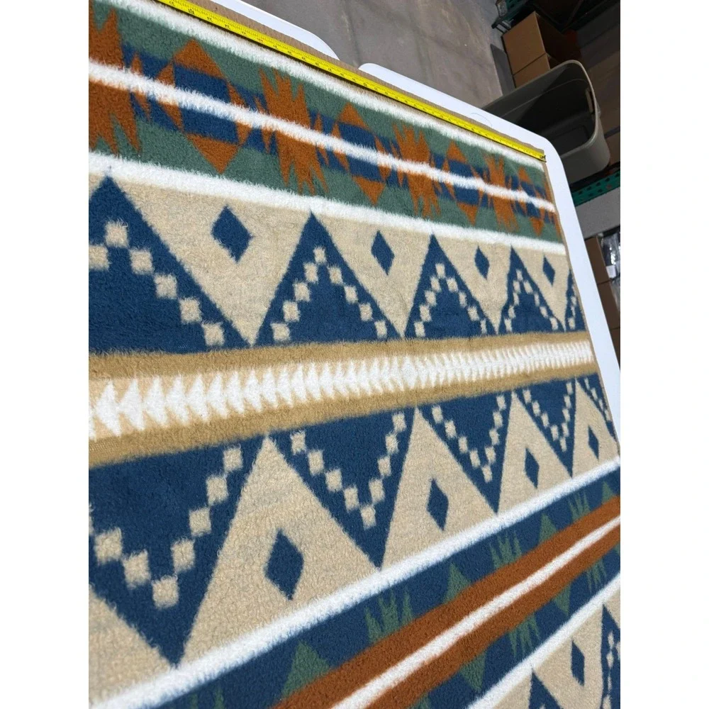 Southwestern Aztec Sherpa Fleece Blanket Navy Tan Orange‎ Geometric Throw 69x52
